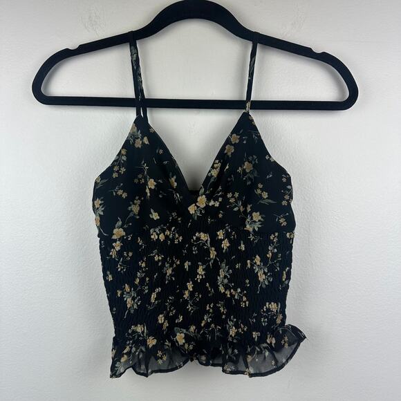 Active USA Womens V-Neck Smocked Ruffle Hem Black Floral Cropped Tank Top Small - Picture 1 of 8
